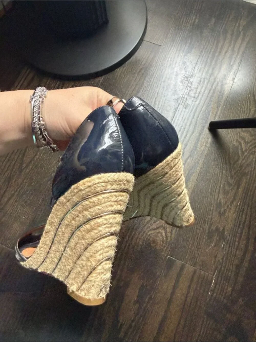 Schutz Navy Patent Espadrille Wedge Sandals